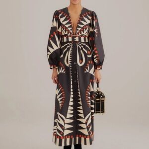 FARM Rio Black and Red Geometric Long Sleeve Dress